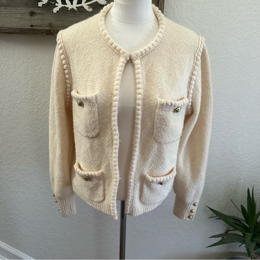 J. Crew Odette Cream Textured Wool blend Cardigan with Gold Button Accents M